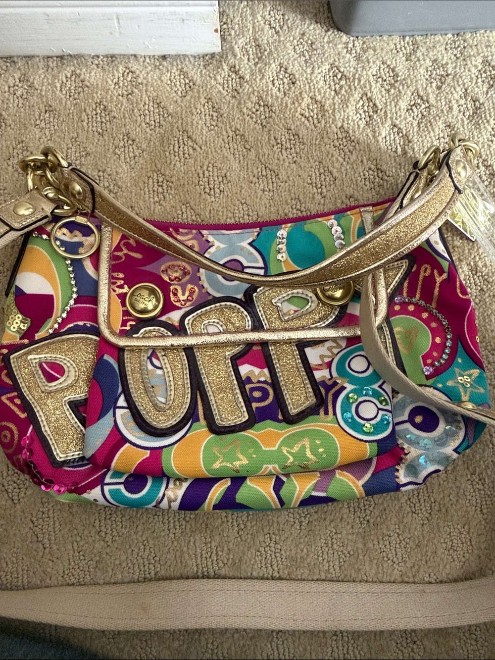 Coach poppy bag Colorful Gold-Accent Tote Bag with Bold Graphic Design